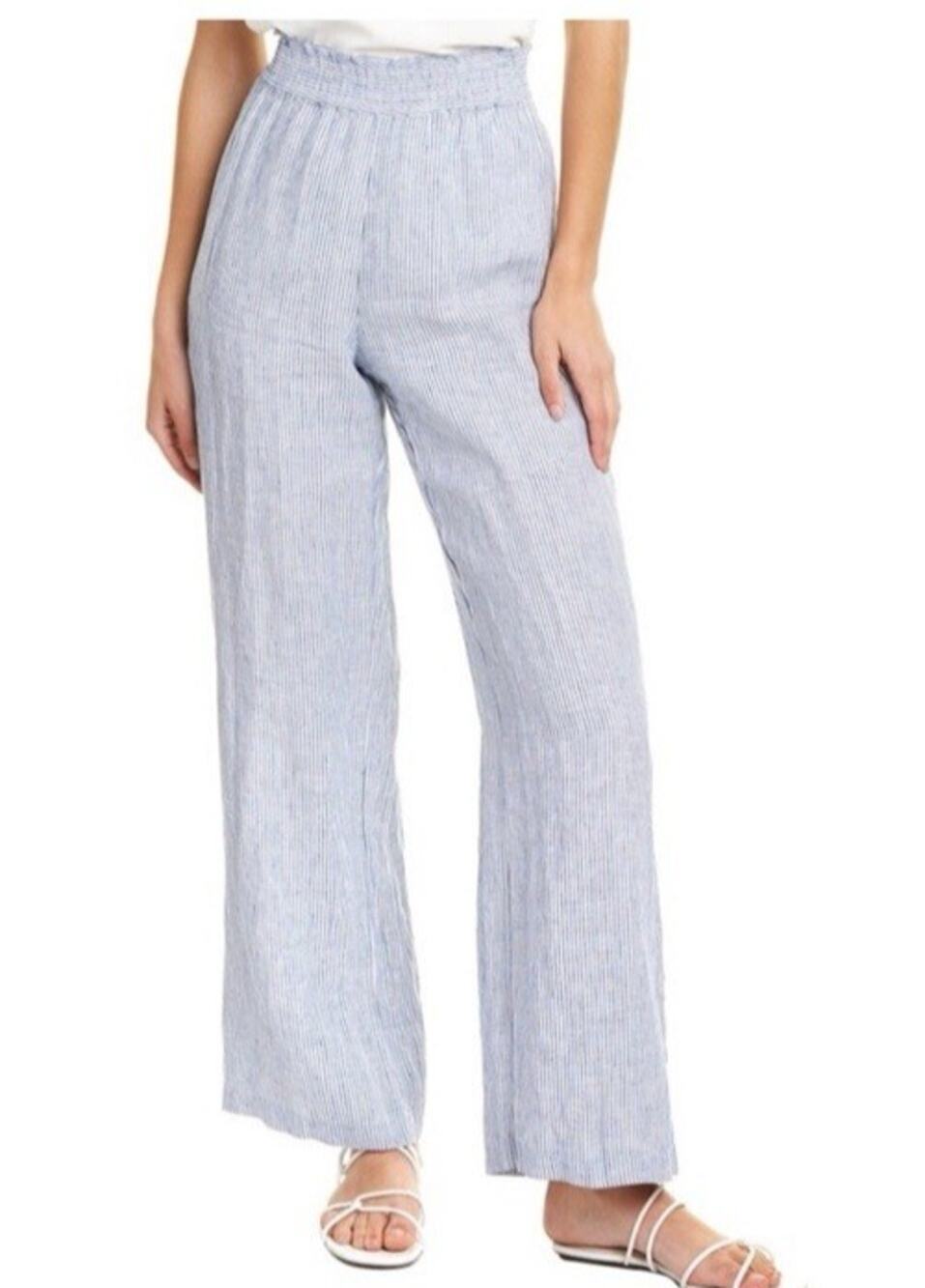 Chelsea & Theodore Blue Striped Linen Blend High Rise Elastic Waist Pants Large